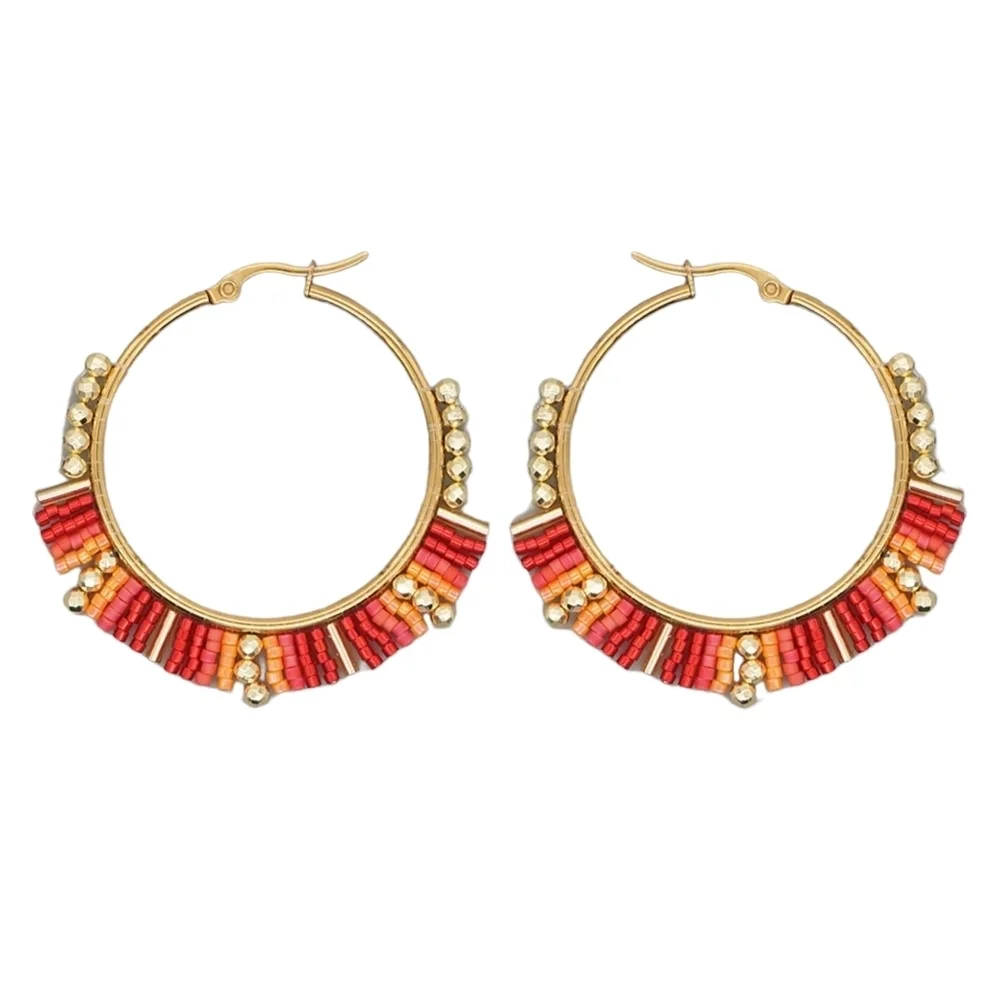 Vibrant Beaded Hoop Earrings Red & Orange Miyuki Rice Beads - Picture 5 of 11